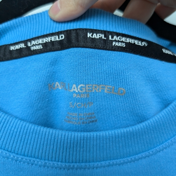 Karl Lagerfeld Rhinestone Logo Puff Shoulder 3/4 sleeve sweater Sz S - Picture 4 of 15